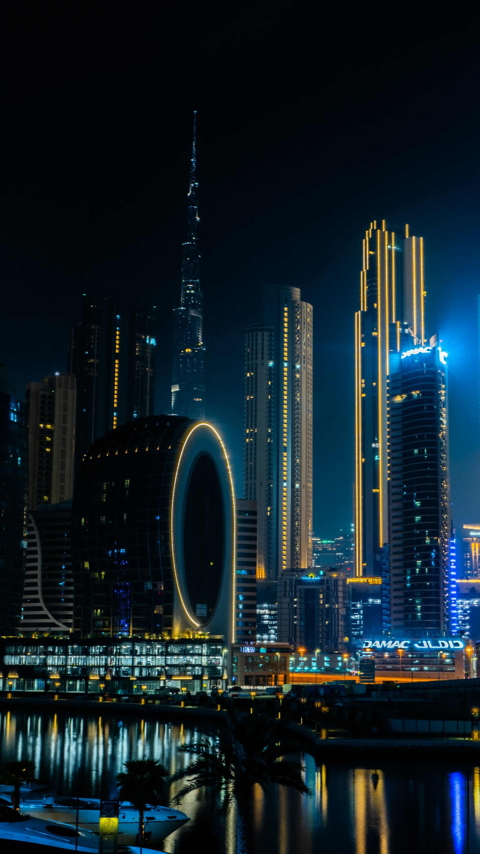 Curved LED installation concept against the Dubai skyline